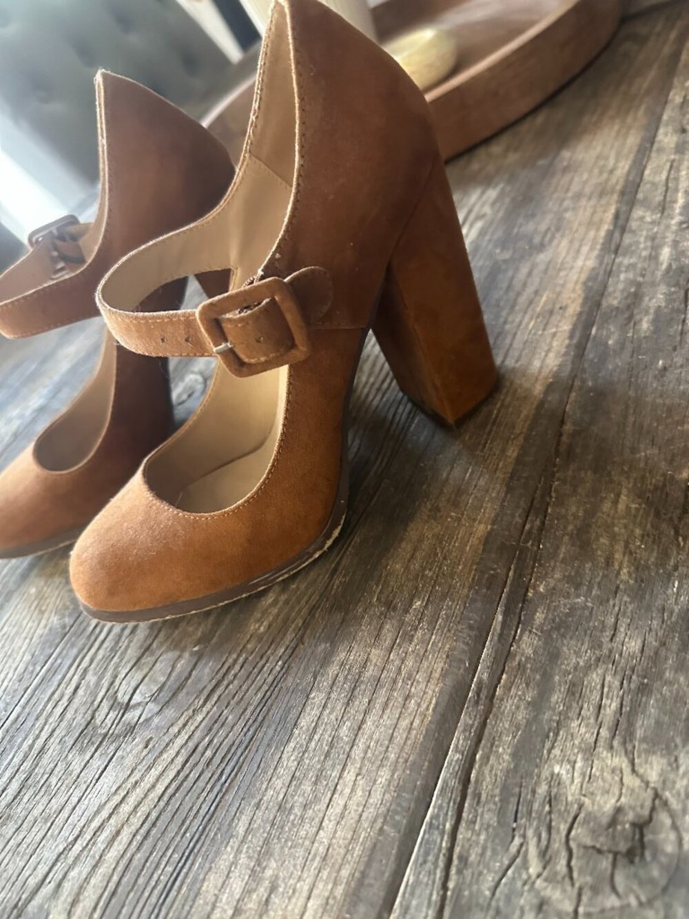 MIX No. 6 Cognac Suede Mary Jane Block Heel Pumps Size 7
